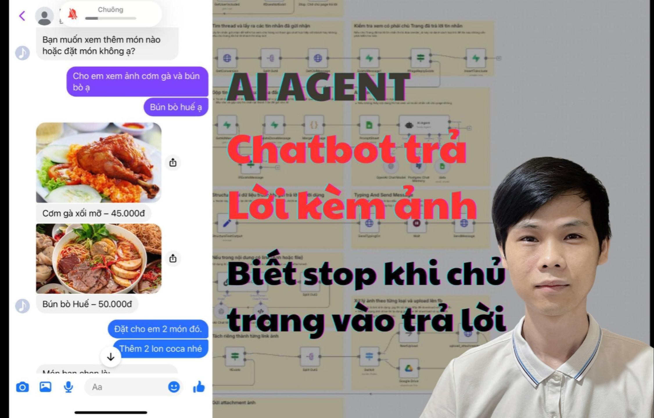 Share workflow chatbot facebook trả lời kèm ảnh, tự phát hiện khi chủ trang trả lời